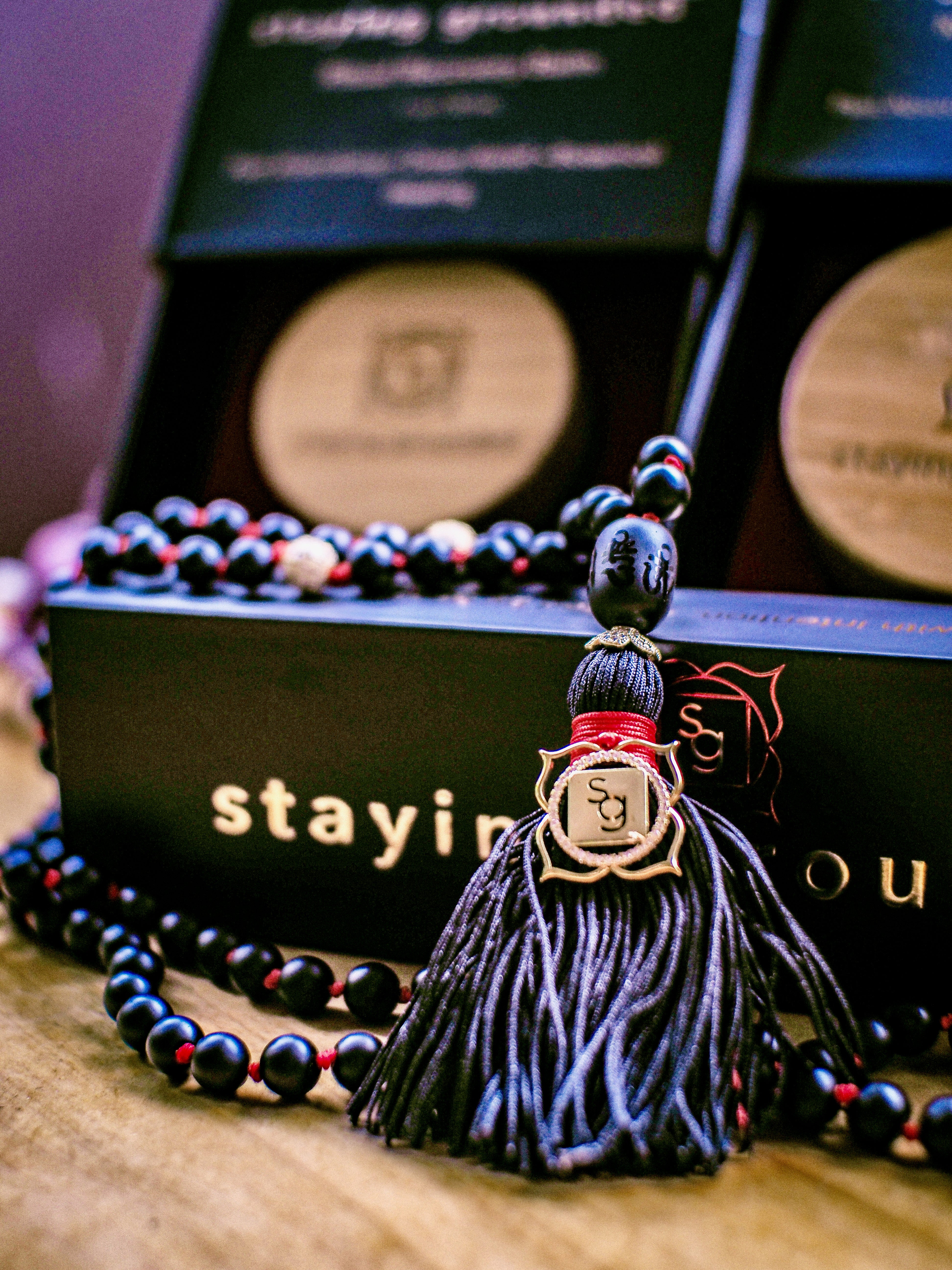 Staying Grounded Mala — dark beads with navy tassel